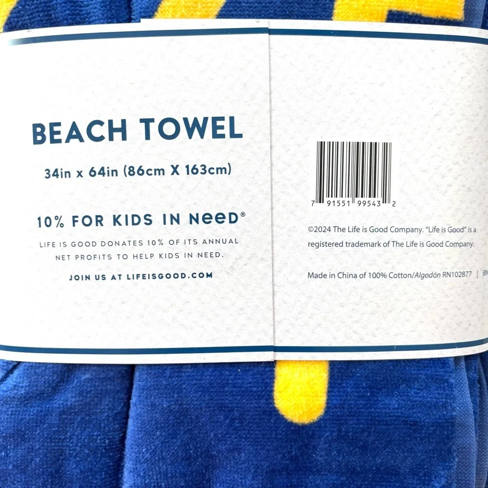 NWT Life is Good Sunshine Blue and Yellow Beach Towel 34 X 64